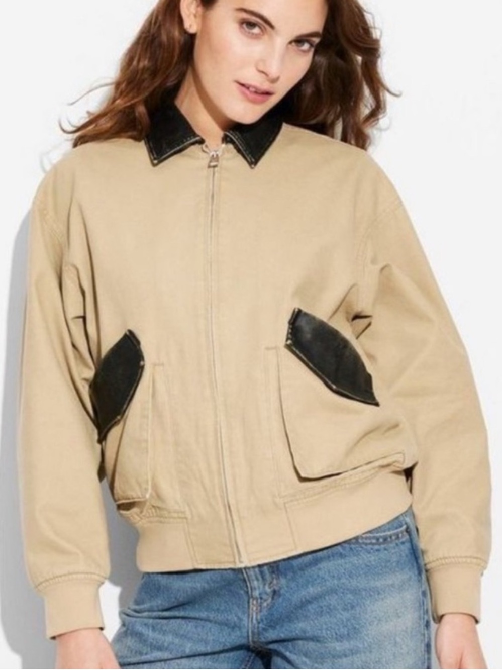 Harvest fest  Tan Bomber Jacket with Black Trim! L